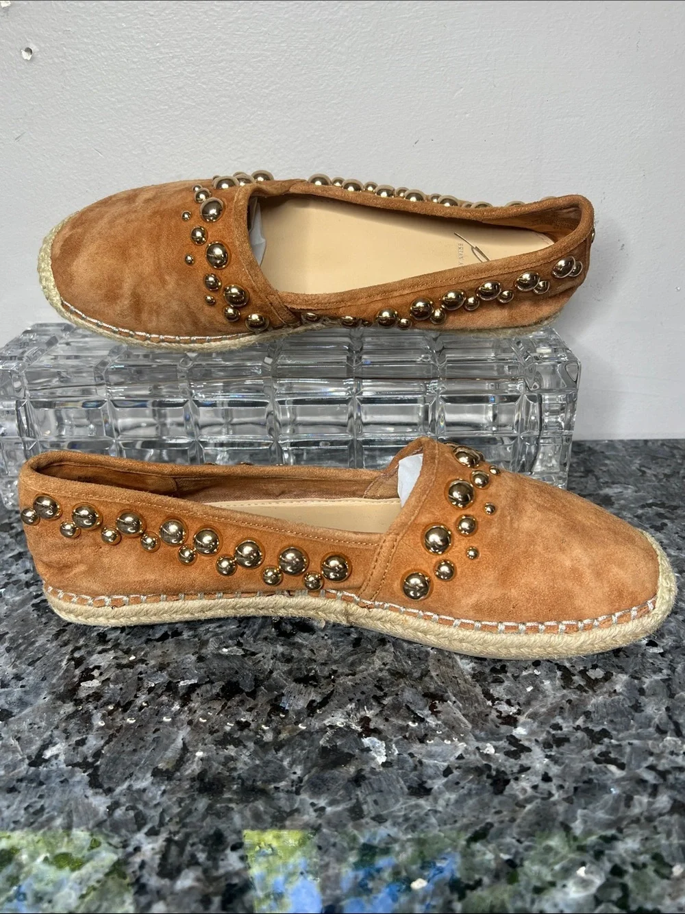 Brian Atwood Sz 8 B-Eli Tan Suede Espadrille Slip On Flats w/Goldtone Grommets